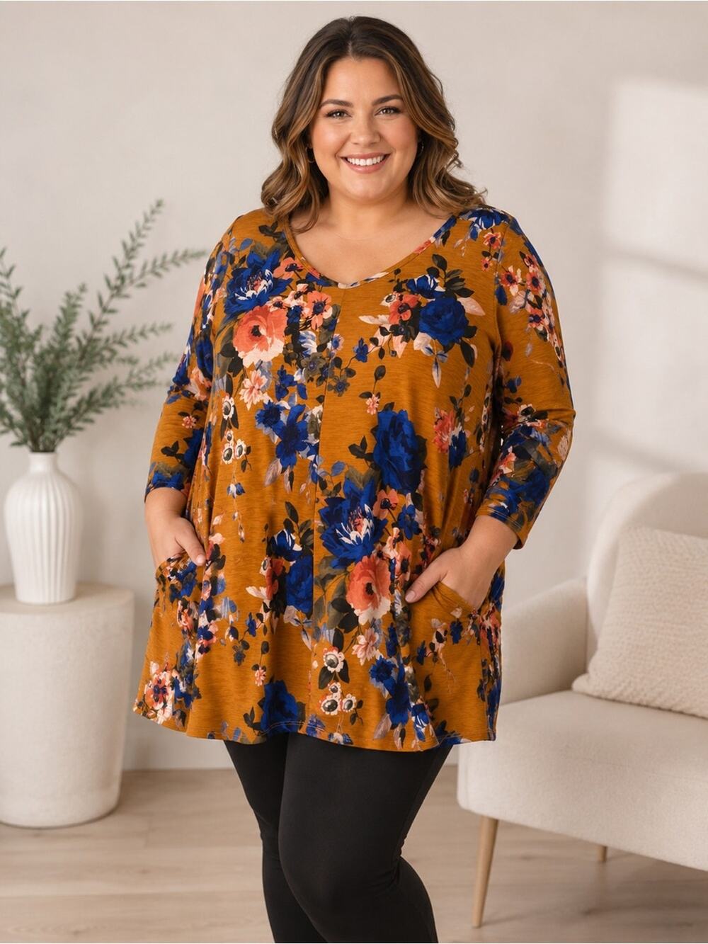 R.Rouge Floral V-Neck Tunic Top in Mustard